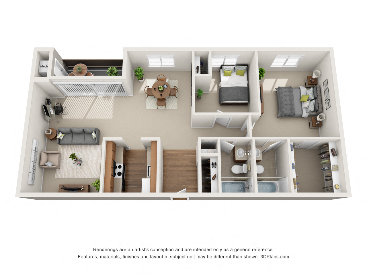Floor plan for 2 beds, 2 baths, 1070 sqft